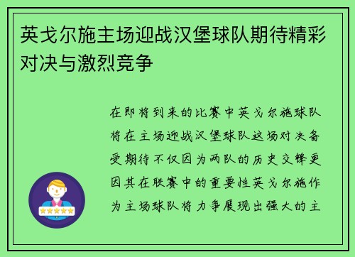 英戈尔施主场迎战汉堡球队期待精彩对决与激烈竞争